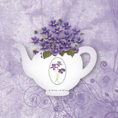 a white teapot with purple flowers in it on a purple and white background,