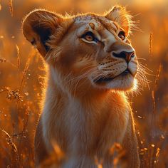 a close up of a lion in a field of tall grass with the sun shining on it's face