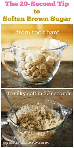 two pictures showing how to make brown sugar in a glass bowl and the same recipe