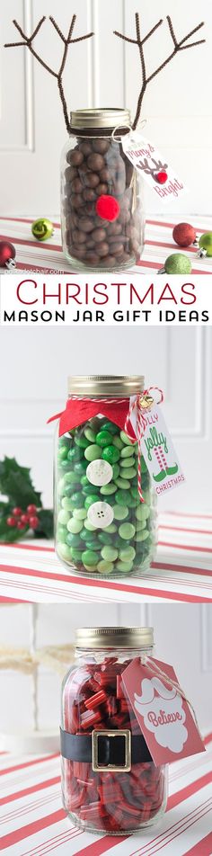 three jars filled with candy and christmas decorations