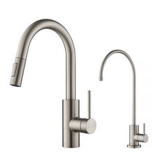 a stainless steel kitchen faucet with two handles and one side spout, on a white background