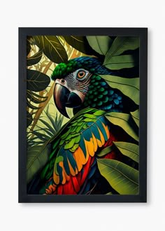 a painting of a colorful parrot surrounded by tropical leaves