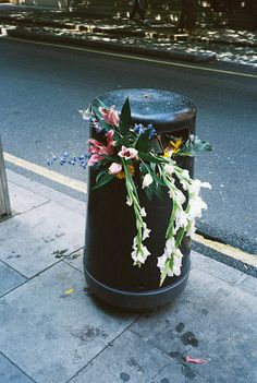 a trash can with flowers in it sitting on the side of the road next to a street