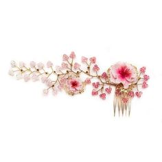 This lovely headpiece features a gold comb adorned with extended sprays of vines, showcasing beautiful handcrafted sakura flowers.  Each sakura flower is carried on 24 karat gold-plated flower baroque filigree, adding a touch of shine to the design.  These delicate pink blossoms evoke the essence of spring and beautifully complement any outfit and hairstyle.  The vines are flexible and adjustable, allowing you to tailor the look to your preference. They are embellished with shimmering Austrian c Gold Hair Comb, Floral Accessories Hair, Artistic Wire, Sakura Flower, Pink Blossom, Unique Hairstyles, Rose Lights, Floral Hair, Cleaning Jewelry