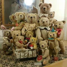 a large group of teddy bears sitting on top of a rug in front of a mirror