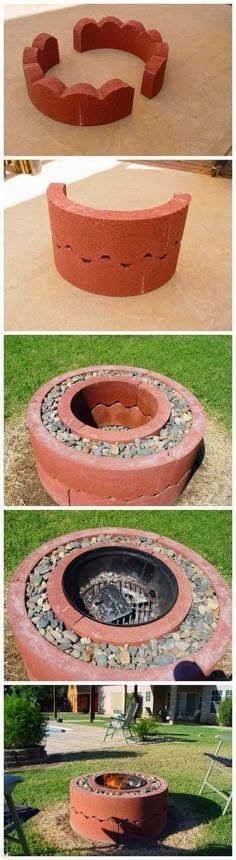 an outdoor fire pit made out of bricks and stones is shown in three different stages