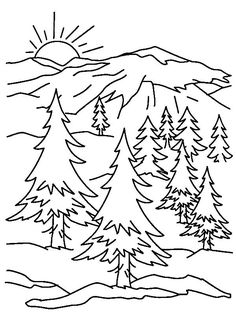 a drawing of trees with the sun in the sky above them and snow on the ground