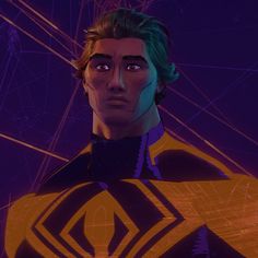 an animated man with green hair wearing a yellow and black suit, standing in front of a purple background