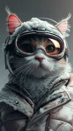 a cat wearing goggles and a jacket with snow on it's face,