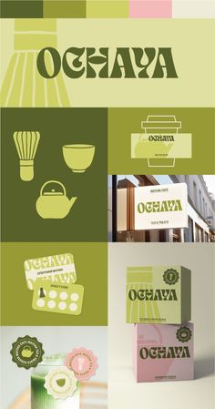 an assortment of food and drink logos on different types of packaging designs, including the logo for oggapa