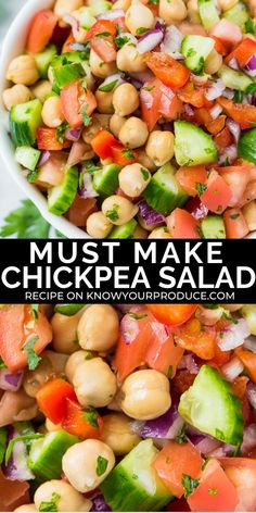 a white bowl filled with chickpea salad on top of a table