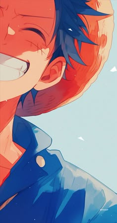 an anime boy with red hair and blue eyes is looking at the camera while he has his mouth open