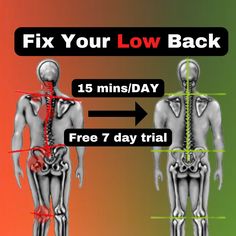 the back view of a man's body and neck with text that reads fix your low back 15 mins / day free 7 day trial