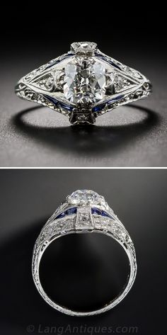 an old - fashioned diamond and sapphire engagement ring is shown in two different views, one with