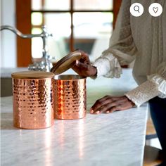 See Pics For Specs!! Set Of Two, Large And Small Wood Canisters, Copper Canisters, Uncommon James, Copper Wood, Metal Canisters, Rustic Farmhouse Kitchen, Chic Spaces, Silicone Lid, Copper Kitchen