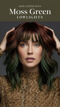 Add an earthy, bold twist to your dark copper hair with moss green lowlights for a unique, sophisticated look. Visit our page for tips on achieving this striking color combination. Save this pin for lowlight inspiration! #DarkCopperMossGreenLowlights #HairColor #EarthyLook Bold Natural Hair Color, Copper And Green Hair, Phantom Green Hair, Shades Of Black Hair Color, Copper Split Dye, Green Hair Tips, Dark Hair With Colored Highlights, Hair Color Ideas Green, Pumpkin Hair Color