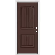 a brown door with white trim and two round knobs on the front paneling