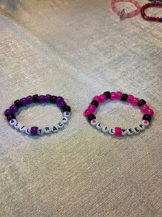 Lil peep and Lil Tracy beaded bracelets Couples Bracelets Ideas, Bracelet Ideas Beads Words, Lil Peep And Lil Tracy Bracelets, Lil Peep Lil Tracy Matching Bracelets, Pink And Purple Bracelet, Bsf Bracelets, Lil Peep Bracelet Ideas, Rubberband Bracelets, Crystal Bead Bracelet