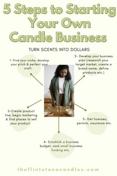 a woman standing in front of a table with candles on it and the words 5 steps to starting your own candle business