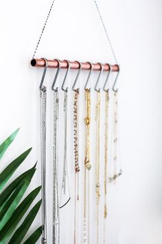 a metal rack with several different necklaces hanging from it's sides and a green plant in the background