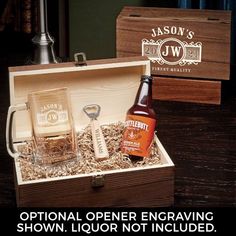 an open wooden box with two glasses and a bottle in it that says, original opener engraving show liquor not included