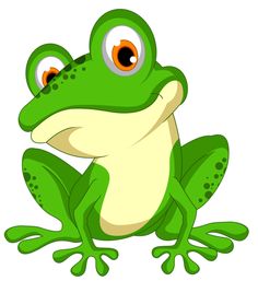 cartoon green frog with big eyes sitting on the white ground, looking at the camera