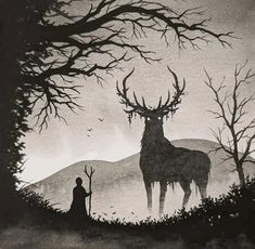 a drawing of a man standing next to a deer