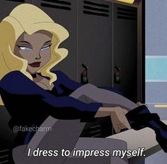 a woman sitting on top of a chair next to lockers with the caption i dress to impress my self