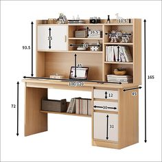 an image of a desk with drawers and shelves on it's sides, measurements