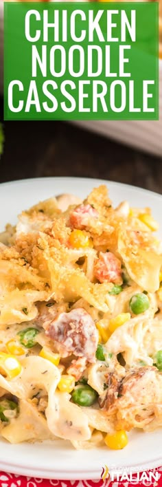 chicken noodle casserole on a white plate with green and red border overlay