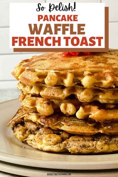 a stack of french toast pancakes on top of a plate with the words so pelsh? waffle french toast