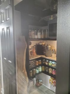 an open pantry door with food items in the bottom shelf and on the top shelf