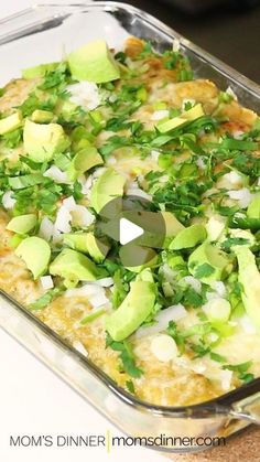 a casserole dish with avocado and onions