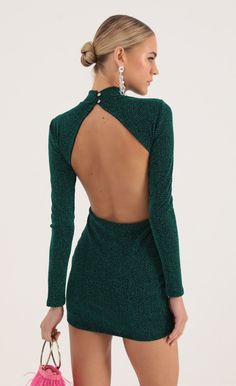 Agnes Dotted Knit Open Back Dress in Green | Lucy in the Sky Green Backless Mini Dress, Hoco Dresses Long Sleeve Open Back, Winter Tight Dresses, Plunging Neckline Dress Short Body Con, Winter Semi Formal Dresses Bodycon, Xmas Party Dress Green, Green Velvet Dress Short With Tights, Winter Formal Dresses Open Back, Bodycon Holiday Dress