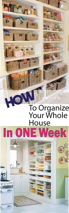 an organized pantry with baskets and food on the shelves, in one week or less