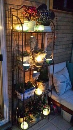 a shelf filled with potted plants on top of a patio next to a couch