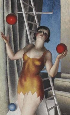 a painting of a woman holding apples in front of a ladder, with one hand on her hip