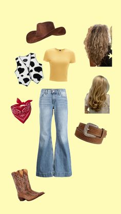 a woman's clothing and accessories are arranged in the shape of a cowgirl