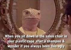 a woman is looking at a lizard in front of a mirror with the caption, when you sit down in the salon chair in your plastic cape after a shampoo & wonder if you always