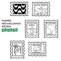 four stamps with different designs on them, including the words and symbols for each stamp