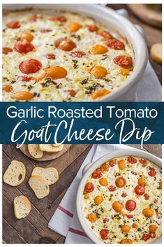 garlic roasted tomato goat cheese dip in a casserole dish with crackers on the side