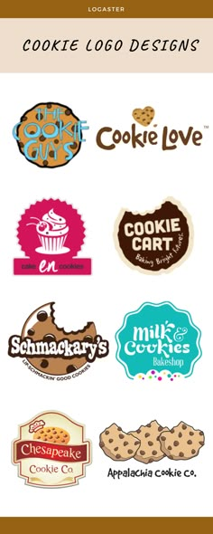 the logos for cookies and cakes are shown in different colors, shapes, and sizes