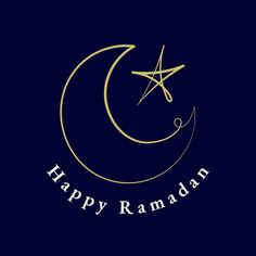 the crescent and star with happy rama written on it in gold lettering, against a dark blue background