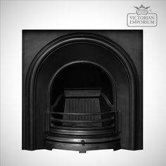 a black fireplace with a white background and the words victorian emporum above it