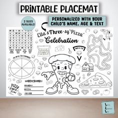 a large poster on the wall that says printable placemat personalized with your child's name, age and text