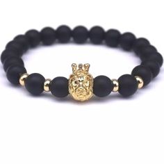 Matte Black Beads Bracelet With Gold Lion Crown Charm Black Beads Bracelet, Macrame Black, Lion Crown, Bracelet With Stone, Bead Bracelet For Men, Lion Charm, Black Agate Stone, Mens Fashion Vintage, Popular Bracelets