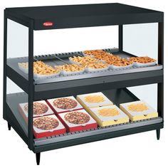 deli display case with trays of food on the bottom and side shelves for sale