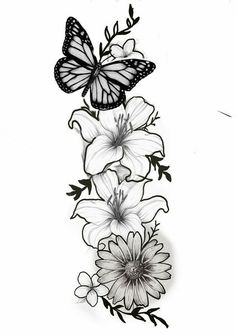 a black and white drawing of flowers with butterflies on it's back side, as well as an outline of the butterfly