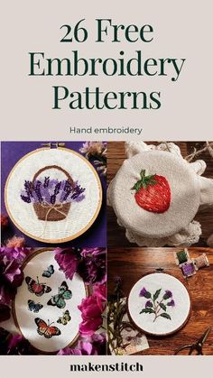 the cover of 20 free embroidery patterns, including strawberries and lavenders with text overlay