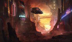 a sci - fi city at night with neon lights